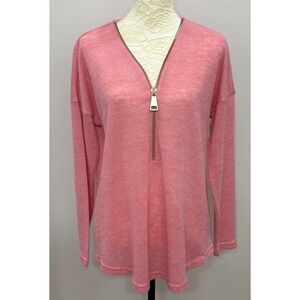 Soft Surroundings Womens Large Valentina Zipper Sweater Pink Gold V Neck
